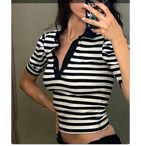 Korean Black & White Striped V Neck Rib Top