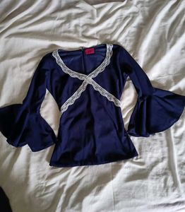 Navy Blue Lace Trim Bell Sleeve Top