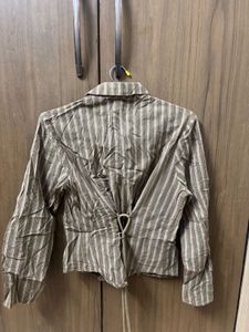 Striped Brown Blouse with Tie Detail