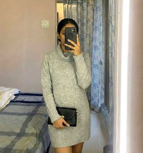 Grey LONG High Neck Sweater Dress