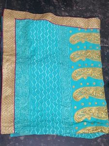 Heavy Embroidered Sky Blue Saree With Blouse