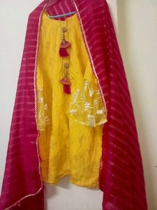 Yellow Embroidered Kurta with Dupatta💛