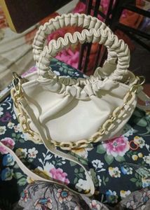 Beige Ruched Handle Chain Bag