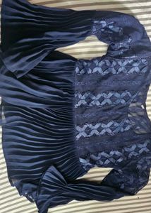 Navy Pleated Ribbon Detail Top