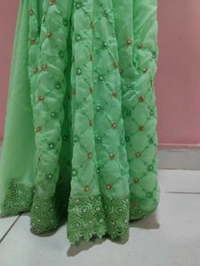 Green Embroidered Saree With attached Blouse