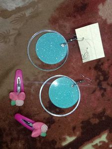 Blue Ear Rings And Cute Pink Hair Clips
