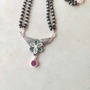 PureSilver Single Line Green&amp;Pink Stone Mangalsutr