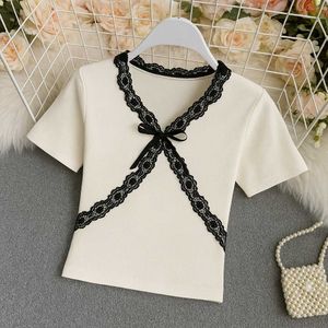 Ribbed Tee with Lace &amp; Bow Detail
