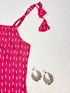 Pink Print Tie-Strap Short Kurti
