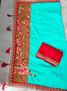 Green Heavy Work Saree With Blouse +, Mehndi Gree