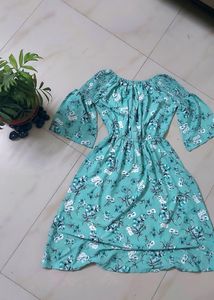 Chinese Floral Print Cyan Knee Length Dress