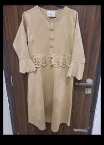 Suede Leather Elegant Tan Dress For Winter