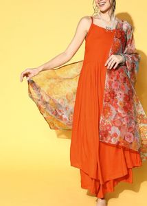 Women Orange Kurta Palazzos &amp; Floral Dupatta