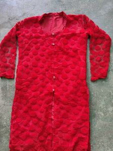 Red Textured Button-Down Top