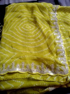Yellow Bandhani Saree with Silver Border