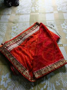 Red &amp; Orange Bandhani Saree