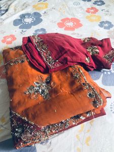 Elegant Orange &amp; Red Saree with Blouse