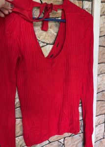 Red Ribbed Knit Top with Tie Back