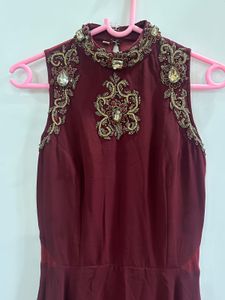 Burgundy Embellished Evening Gown