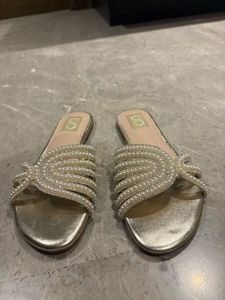 Sparkly Gold Embellished Slides With Pearls.