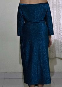 Teal Blue Cocktail Glitter Dress With Slit UK