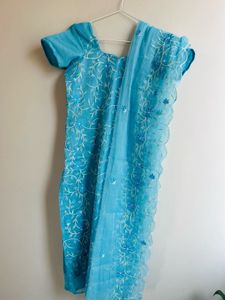 Sky Blue Kota Embroidery cotton suit set
