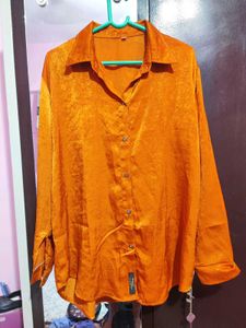 Orange Satin Button-Down Shirt