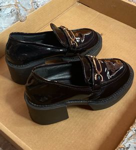 Chunky Heel Loafers - Black Patent