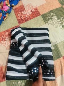 Black &amp; White Striped  Sequined Border Saree