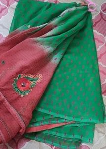 Green And Red Coloured Saree With Embroidery Work