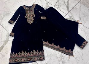 Premium Navy Blue Velvet Elegant Kurta Set