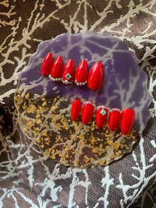 Red Rhinestones Press On Nails