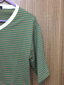 Green Striped Brown V Neck T-shirt For Women