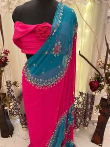 Elegant Pink &amp; Teal Saree