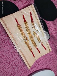 New Gold-Toned & Red Set of 3 Designer Rakhi
