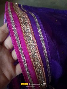 Purple Embroidered Sari Fabric