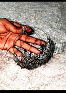 &#34;Oxidised Silver Hoop Earrings With Ring&#34;