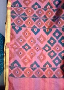 Pink &amp; Green Ikat Print Saree with Golden Border