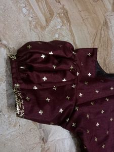 Meroon And Golden Print Pattupavada Set