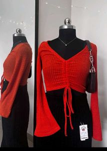 Orange Flared Sleeves Knit Top