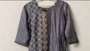 Metallic Grey Suit And Pant Set: Beads+Gota Patti