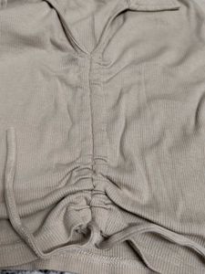Beige Ribbed Drawstring Top