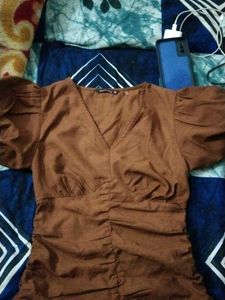 Brown Puff Sleeve Mini Dress