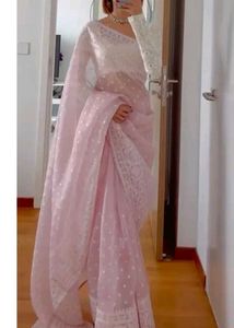 NewPink Embroidered Saree With White Blouse Piece
