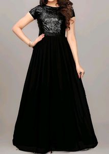 Wome Black Sequence Work Gown Maxi Dress