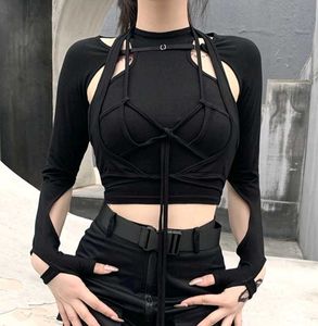 Newme Kpop Black Front Tie Up Cutout Crop Top