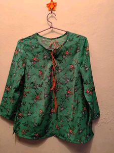 Emerald Green Floral Peasant Top with Tassel Tie