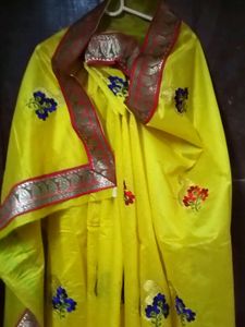 Brand New Yellow+With+Red Lace Border ChanderiSilk