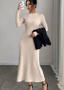 Elegant Beige Ribbed Midi Dress size L