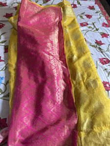 Kota Silk Yellow Saree With Pink Blouse